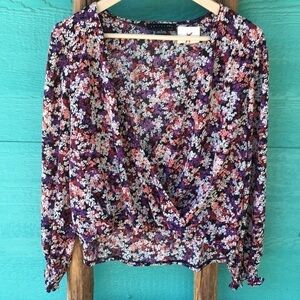 ANTHROPOLOGIE WRAP SURPLICE DARK SMALL FLORAL PRINT LS OVERSIZED TOP SZ SMALL N…